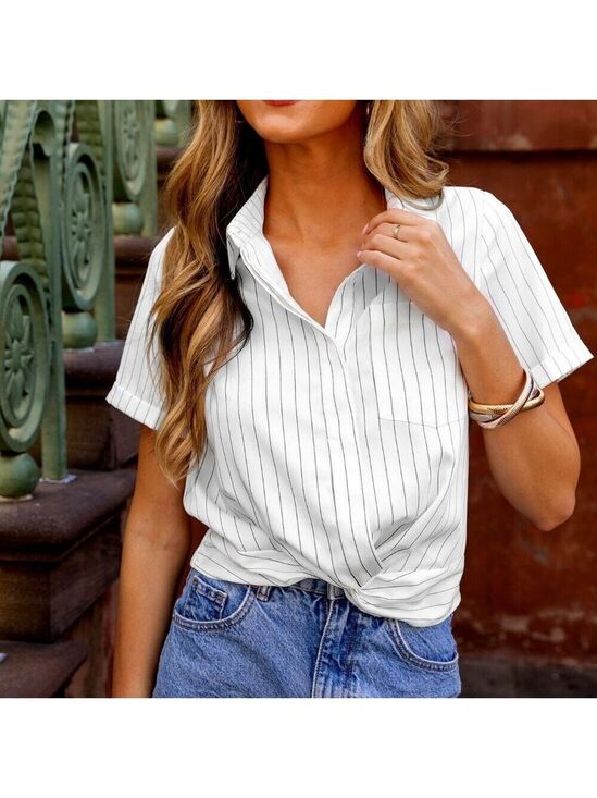 Cupshe Tops - Cupshe White Pinstripe Short-Sleeve Twist-Front Shirt